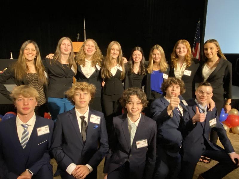 Mariner Middle eighth-graders who competed in the state contest in back are (l-r) Macy Davis, Elena Booth, Ariel King, Zoe Hennessy, Kate Kill, Emily Wells, Lelia Hughes and Gabby Hamstead. In front are Harper Kaser, Jackson Williamson, Thomas Draper, Liam Mitchell and Caleb Marcus. SUBMITTED PHOTO